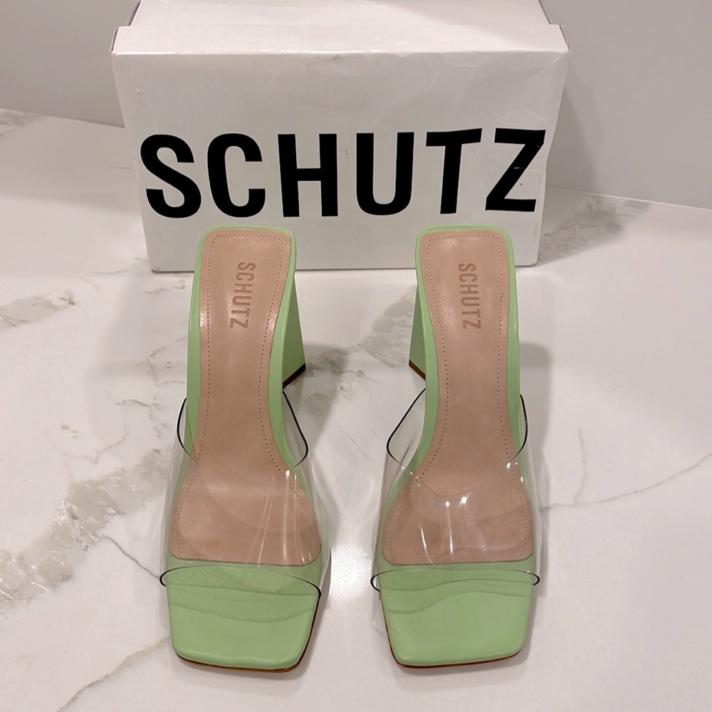 SCHUTZ Clear Strap Lime Green Block Heel Mules
